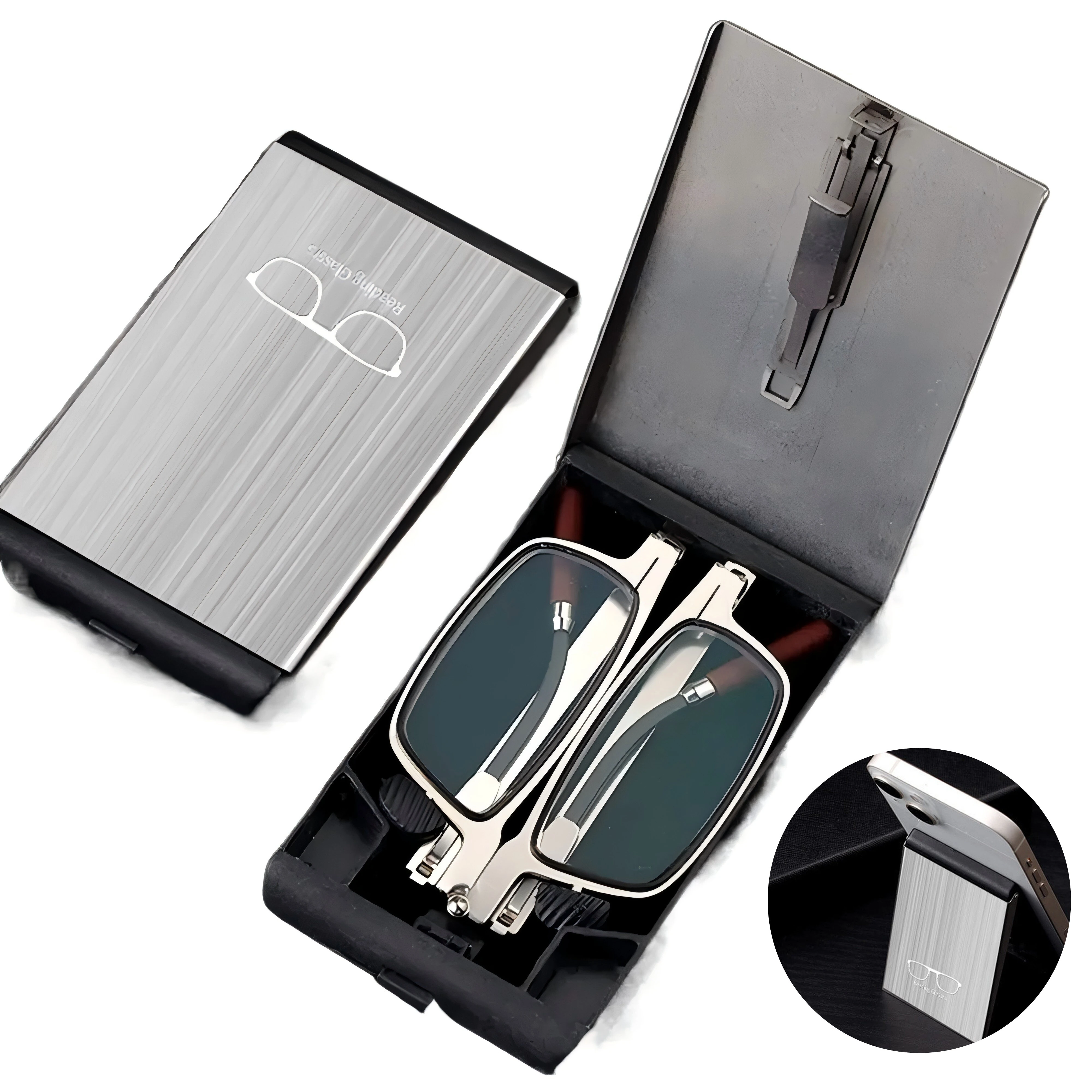 (image for) 2 in 1 Portable Folding Reading Glasses with Metal Glasses Case Mobile Phone Holder HD Anti-Fatigue Anti-blue Light Presbyopic Glasses