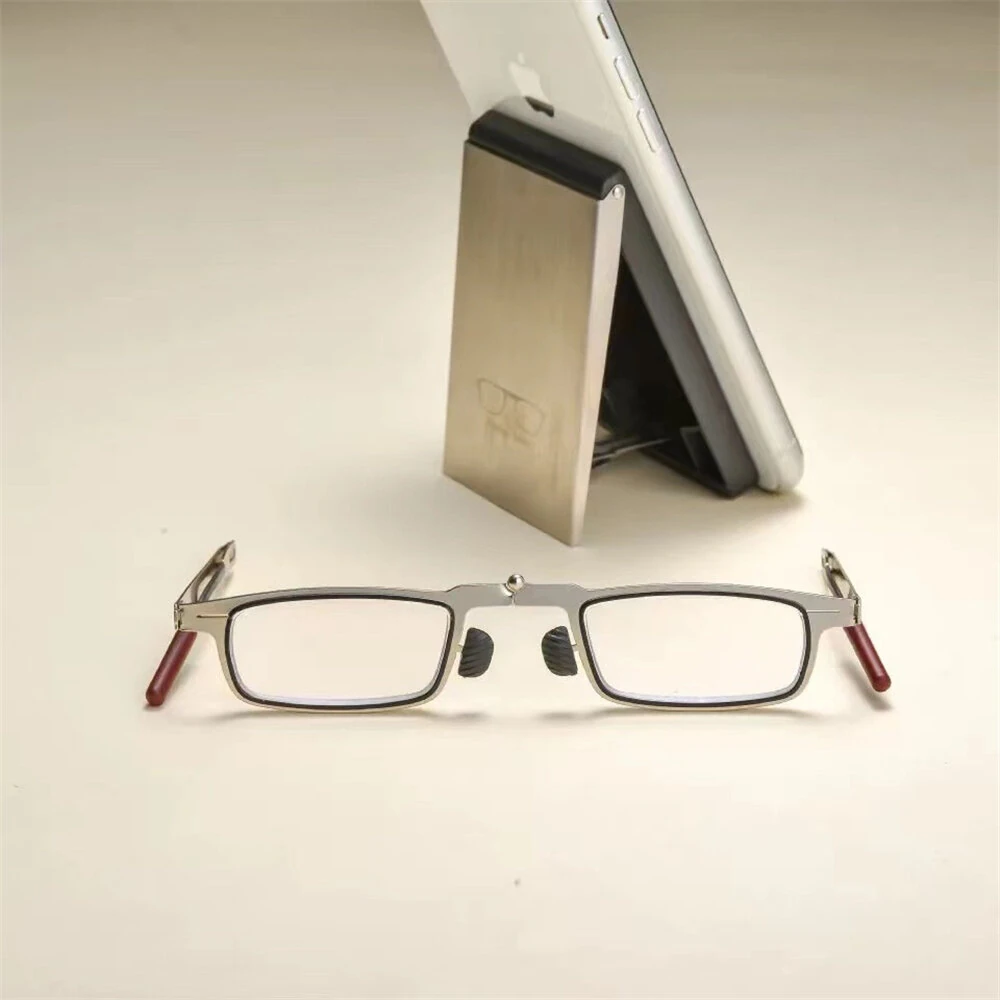 (image for) 2 in 1 Portable Folding Reading Glasses with Metal Glasses Case Mobile Phone Holder HD Anti-Fatigue Anti-blue Light Presbyopic Glasses