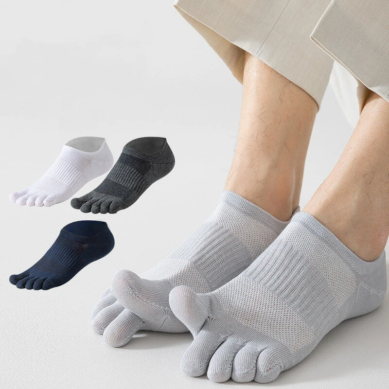 (image for) 6 Pairs Men's Pure Cotton Five Finger Socks Breathable Mesh Sweat Absorbent Antibacterial Short Boat Socks Running Sports Toe Sock Comfortable