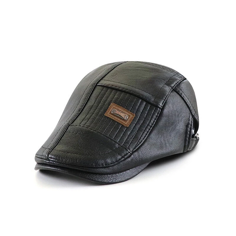 (image for) Collrown Beret Mens Adjustable PU Leather Flat Cap Stitch Newsboy Cap Driving Fishing Cabbie Hat Peaked Cap for Autumn Winter