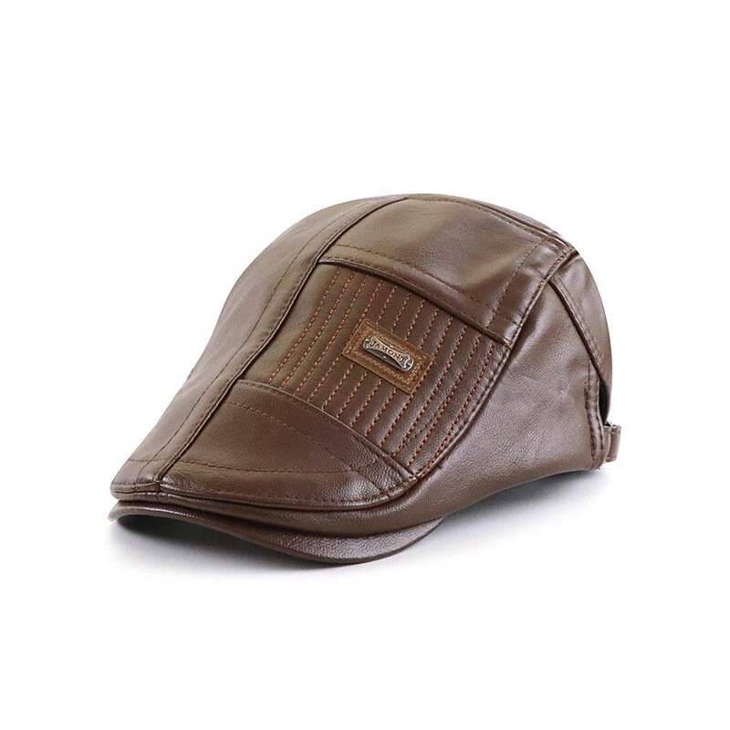 (image for) Collrown Beret Mens Adjustable PU Leather Flat Cap Stitch Newsboy Cap Driving Fishing Cabbie Hat Peaked Cap for Autumn Winter