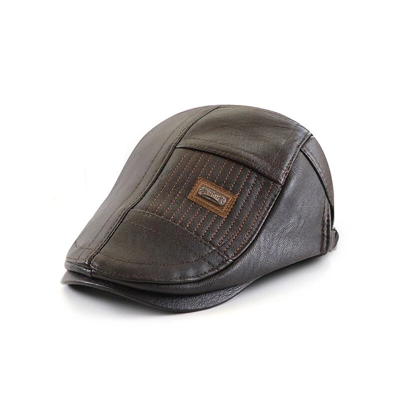 (image for) Collrown Beret Mens Adjustable PU Leather Flat Cap Stitch Newsboy Cap Driving Fishing Cabbie Hat Peaked Cap for Autumn Winter