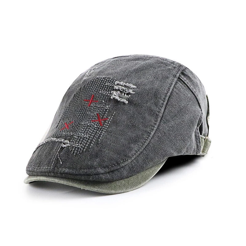 (image for) Collrown Denim Beret Hat Vintage Casual Flat Hat for Men Embroidery Patchwork Aged Peaked Cap Outdoor Retro Caps