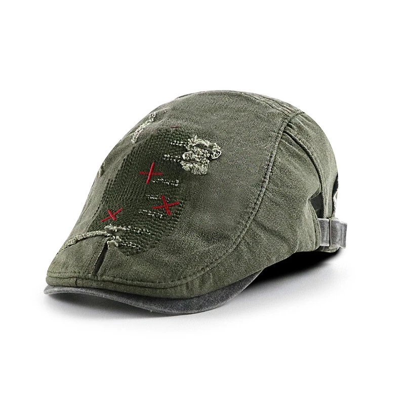 (image for) Collrown Denim Beret Hat Vintage Casual Flat Hat for Men Embroidery Patchwork Aged Peaked Cap Outdoor Retro Caps