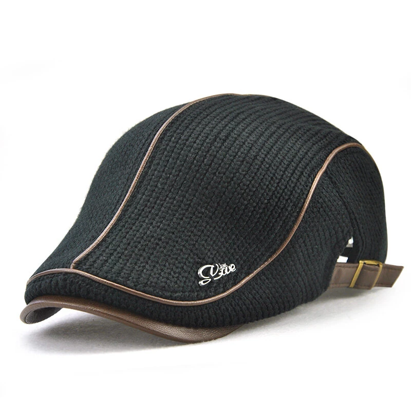 (image for) Collrown Knitted Berets Patchwork Leather Brim Men Flat Cap Retro Visor Hat Autumn Winter Warmer Casual Crochet Hat Forward Cap