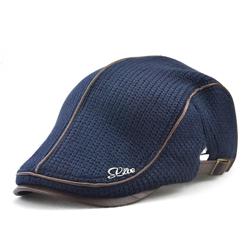 (image for) Collrown Knitted Berets Patchwork Leather Brim Men Flat Cap Retro Visor Hat Autumn Winter Warmer Casual Crochet Hat Forward Cap