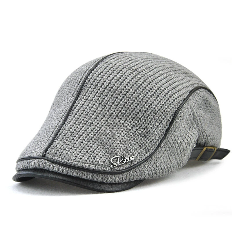 (image for) Collrown Knitted Berets Patchwork Leather Brim Men Flat Cap Retro Visor Hat Autumn Winter Warmer Casual Crochet Hat Forward Cap