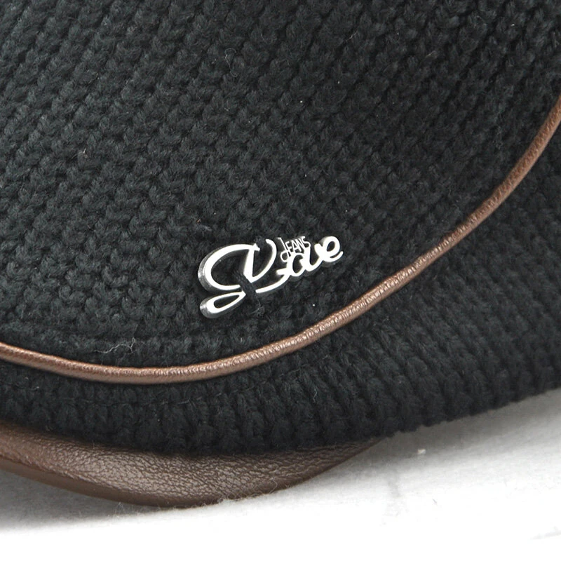 (image for) Collrown Knitted Berets Patchwork Leather Brim Men Flat Cap Retro Visor Hat Autumn Winter Warmer Casual Crochet Hat Forward Cap