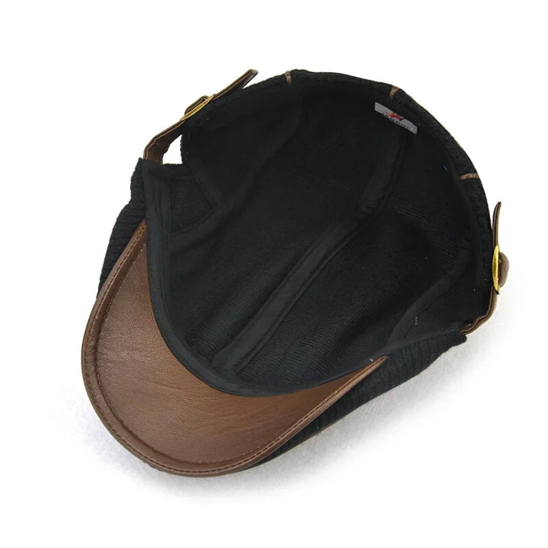 (image for) Collrown Knitted Berets Patchwork Leather Brim Men Flat Cap Retro Visor Hat Autumn Winter Warmer Casual Crochet Hat Forward Cap