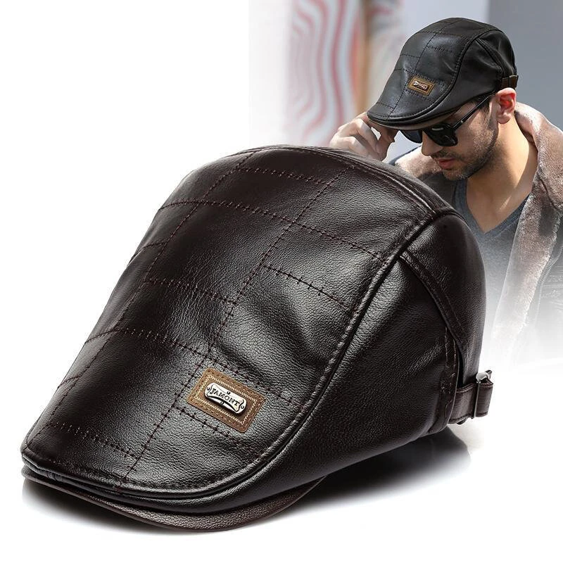 (image for) Collrown Vintage Berets Mens PU Leather Beret Hats Autumn Winter Adjustable Hats Men's Visor Warm Flat Peaked Cap Cabbie Hunting Thicken Hat