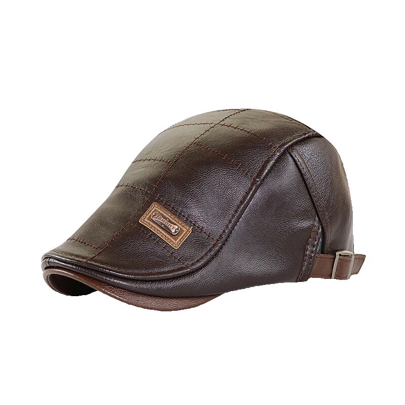 (image for) Collrown Vintage Berets Mens PU Leather Beret Hats Autumn Winter Adjustable Hats Men's Visor Warm Flat Peaked Cap Cabbie Hunting Thicken Hat