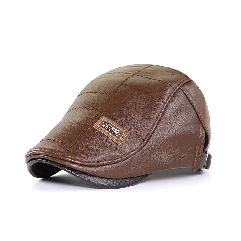 (image for) Collrown Vintage Berets Mens PU Leather Beret Hats Autumn Winter Adjustable Hats Men's Visor Warm Flat Peaked Cap Cabbie Hunting Thicken Hat