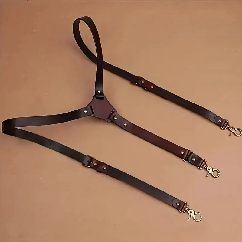 (image for) Men's PU Leather Suspenders Retro Style Y back Adjustable Belt Loop 3 Snap Hooks Belt Mens Trousers Braces
